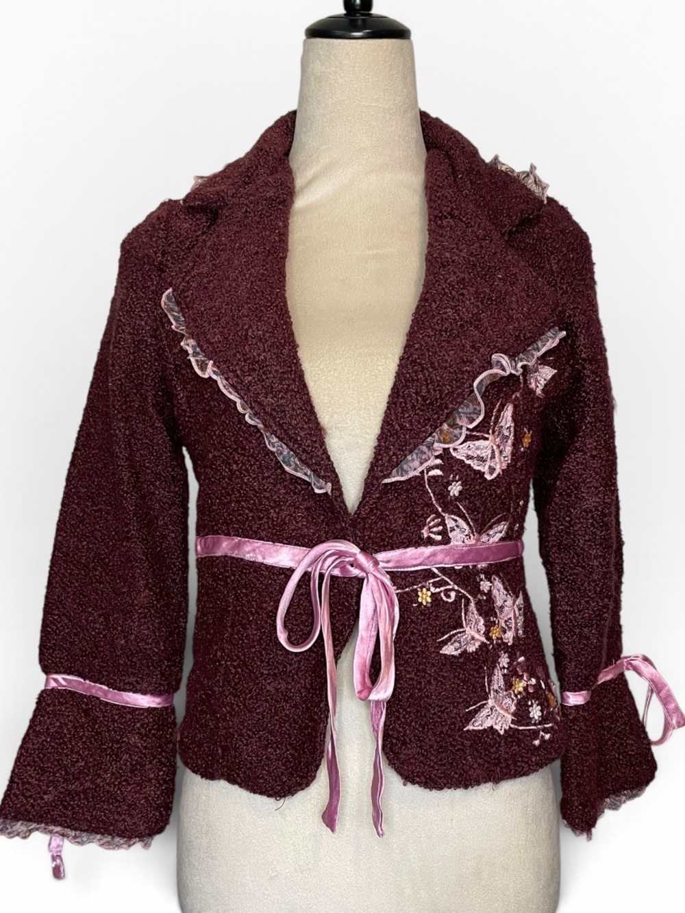 Vintage Angie Y2K Burgundy Boucle Butterfly Embroidered Tie-Front Jacket Size M